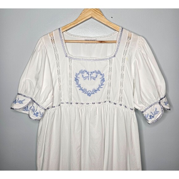 PAST TIMES Vtg Nightgown Dress O/S Empire Waist Embroidered Heart Puff Sleeves - Picture 2 of 9